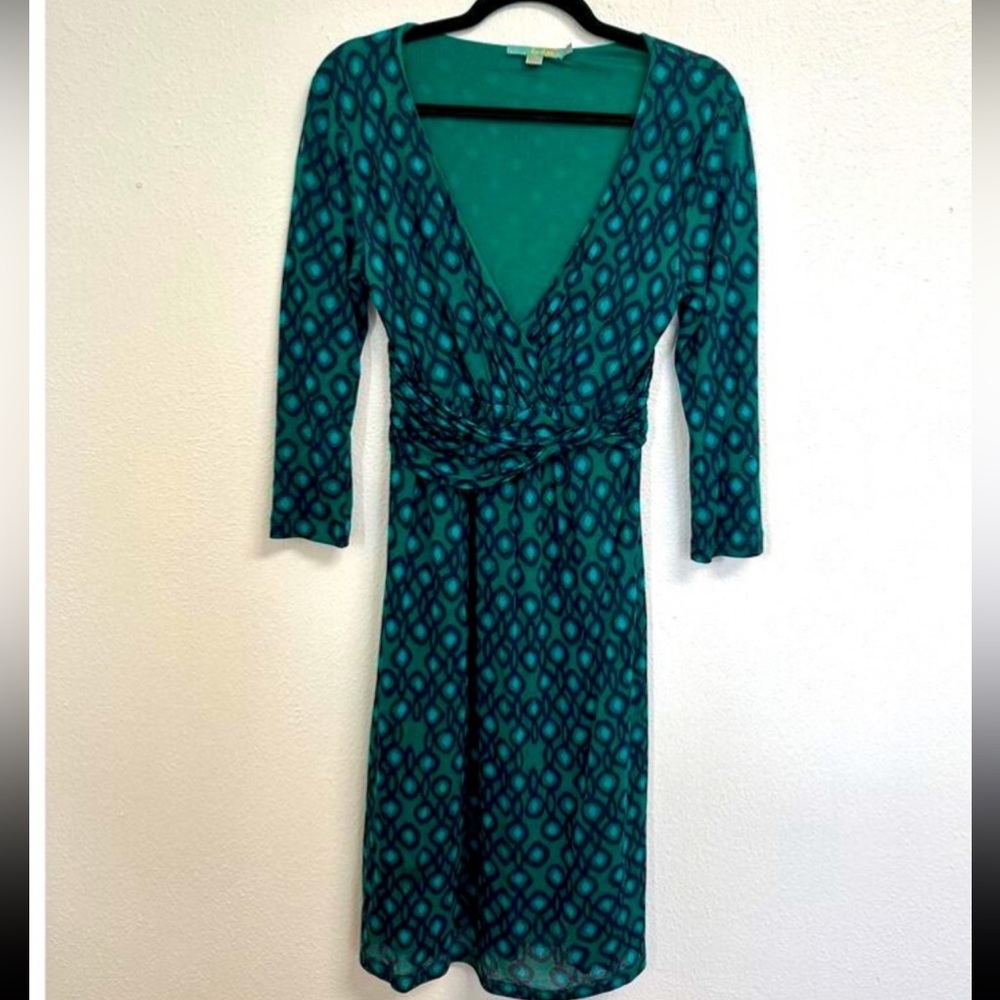 Boden Geometric Green Blue Navy Retro Print Long Sleeve Knit V-Neck Dress Size 4